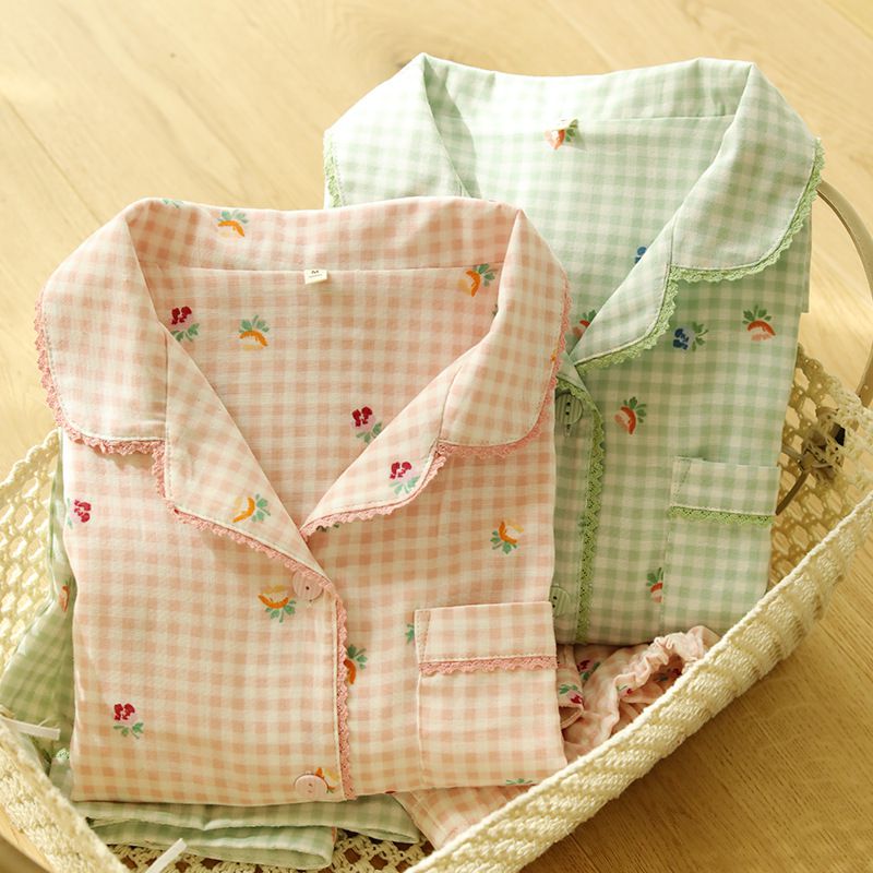 雙層棉紗布長袖家居睡衣套裝-小花綠格