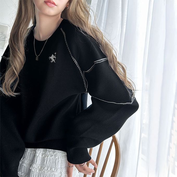 日本 Classical Elf - 線條感logo厚磅針織長袖上衣-黑