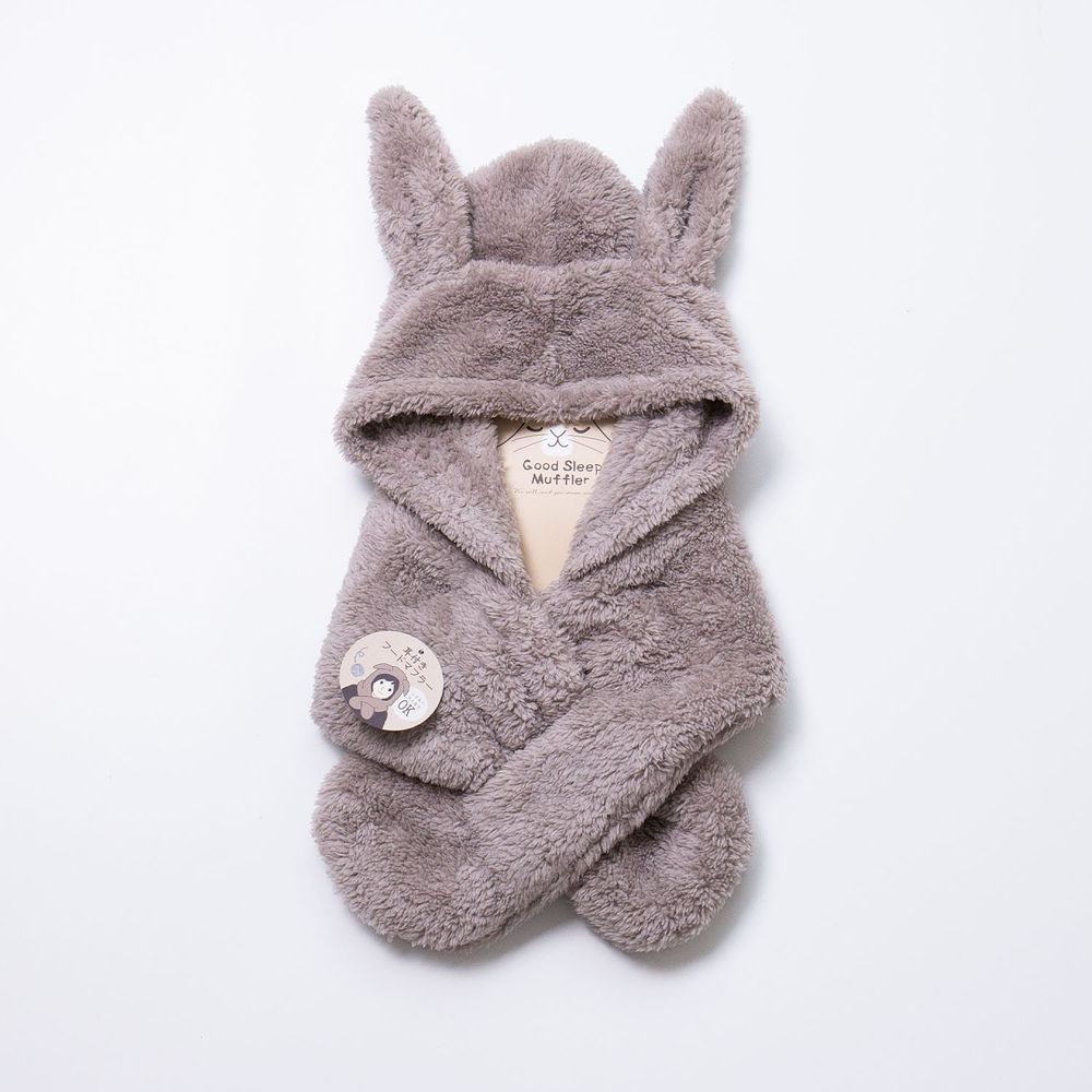 日本 AUBE - 毛茸茸保暖圍脖帽(親子通用款)-兔耳造型-灰 (Free size)