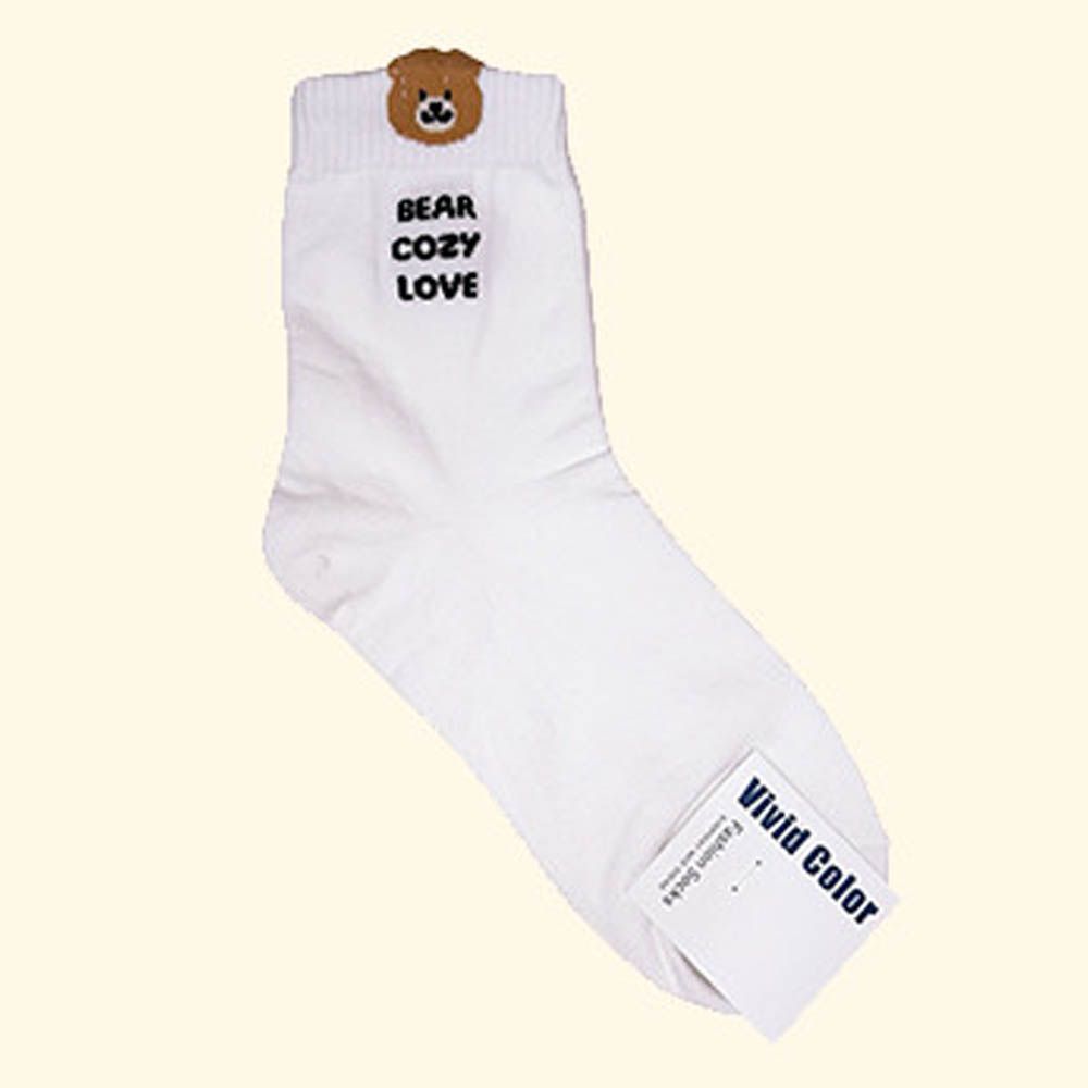 韓製造型彈性中筒襪-熊熊-白 (23-25cm)-1雙