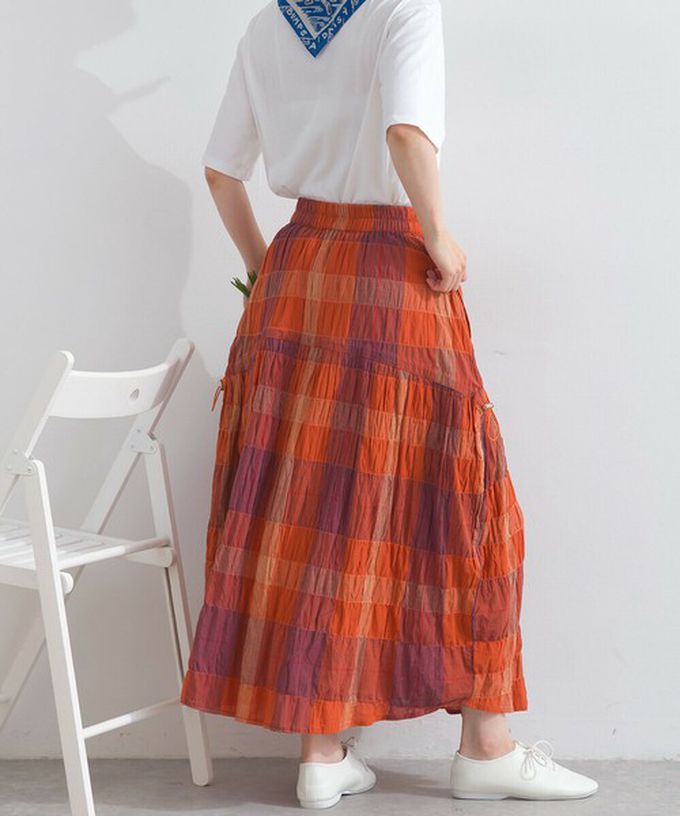 日本 Lupilien - 印度棉 皺皺文青格紋側抽繩長裙-黑灰