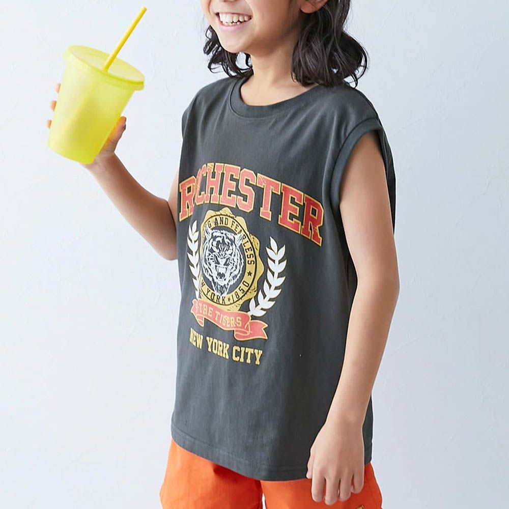 100%棉 定番印花寬版無袖上衣-老虎logo-灰黑