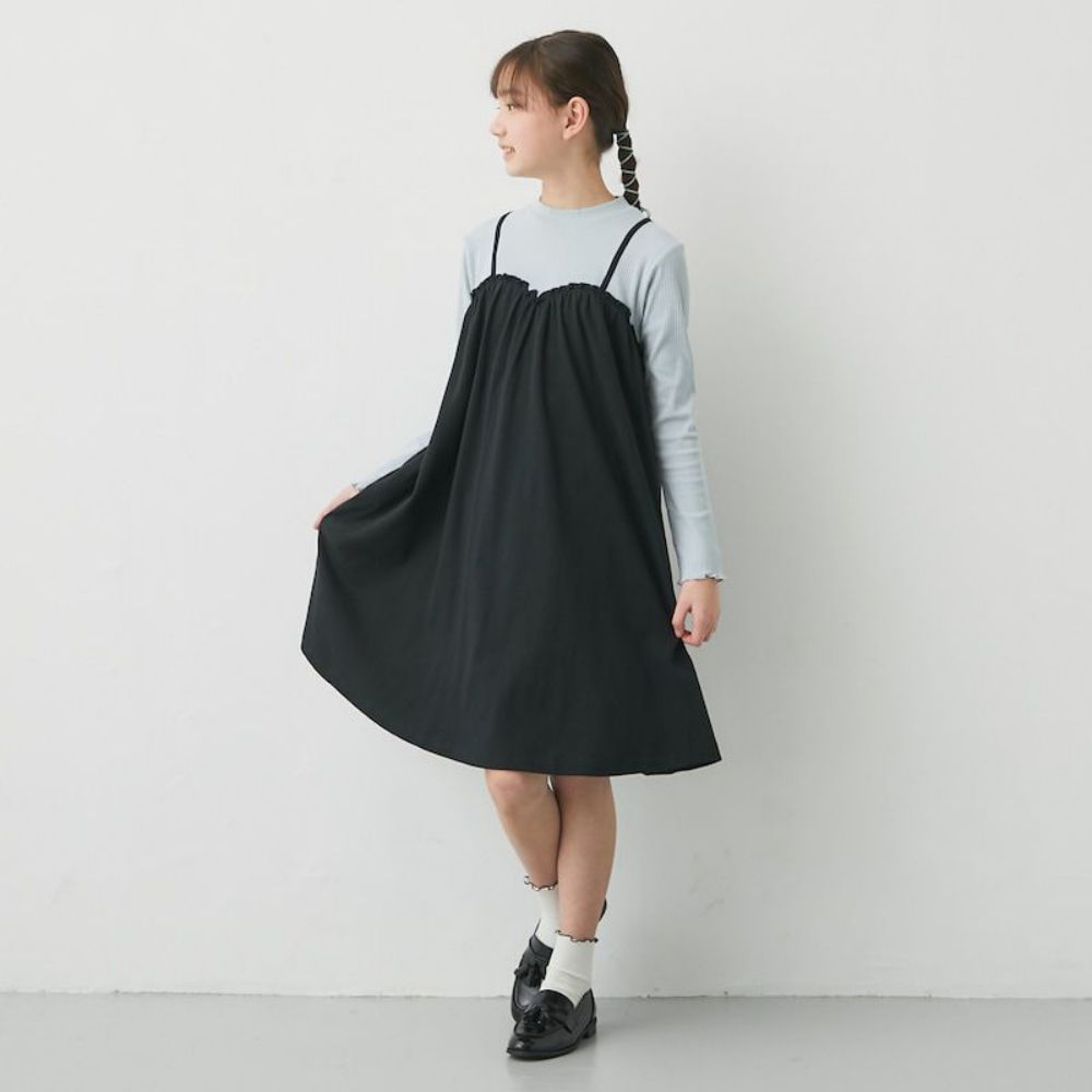 日本千趣會 - GITA 假二件細肩帶純棉長袖洋裝-黑水藍