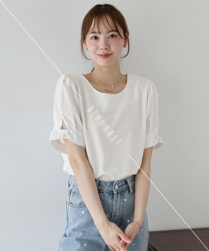 日本 BLUE EAST - 珍珠袖扣亞麻感氣質短袖上衣-摩卡 (M)