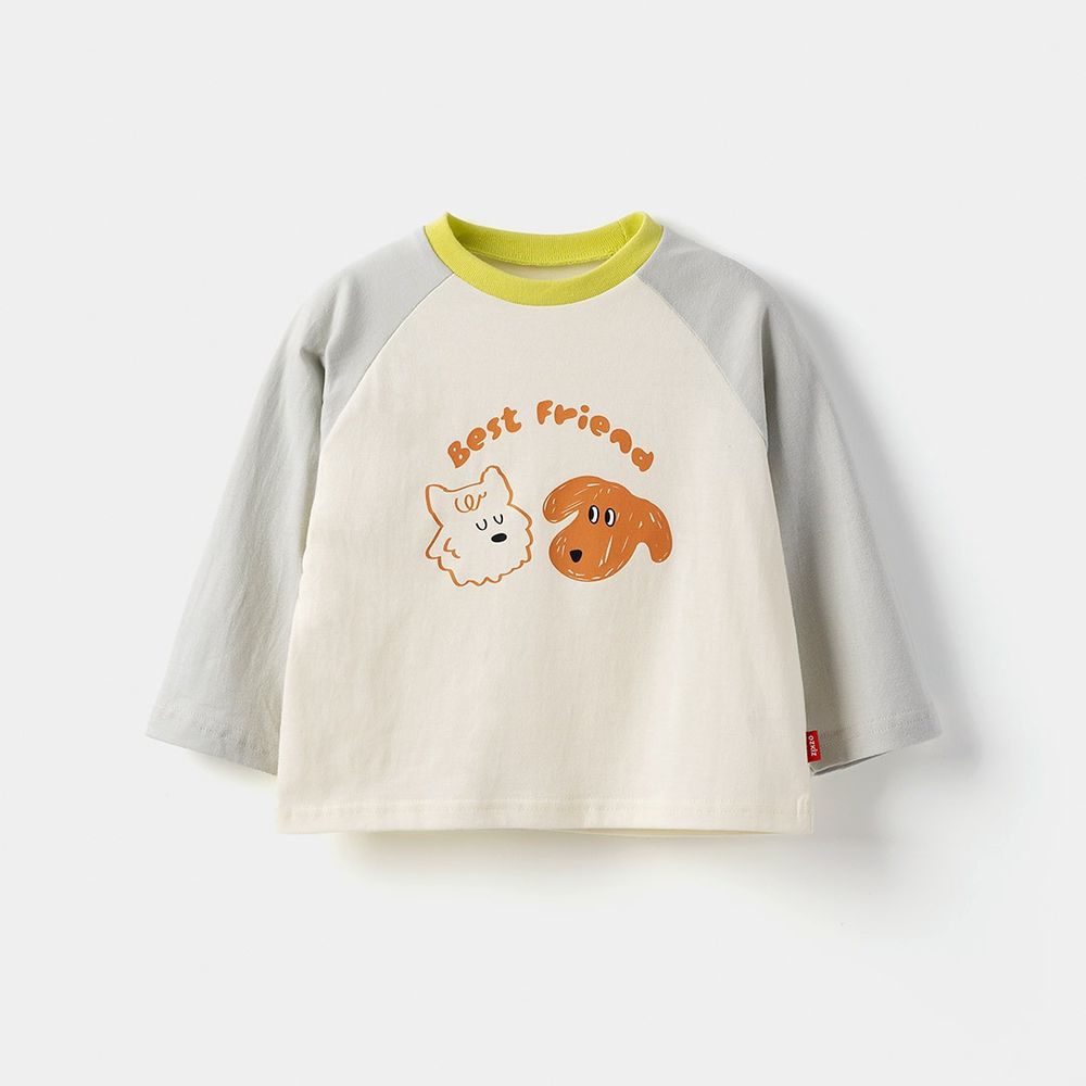 手繪塗鴉狗狗拼色長袖上衣-淺灰X米