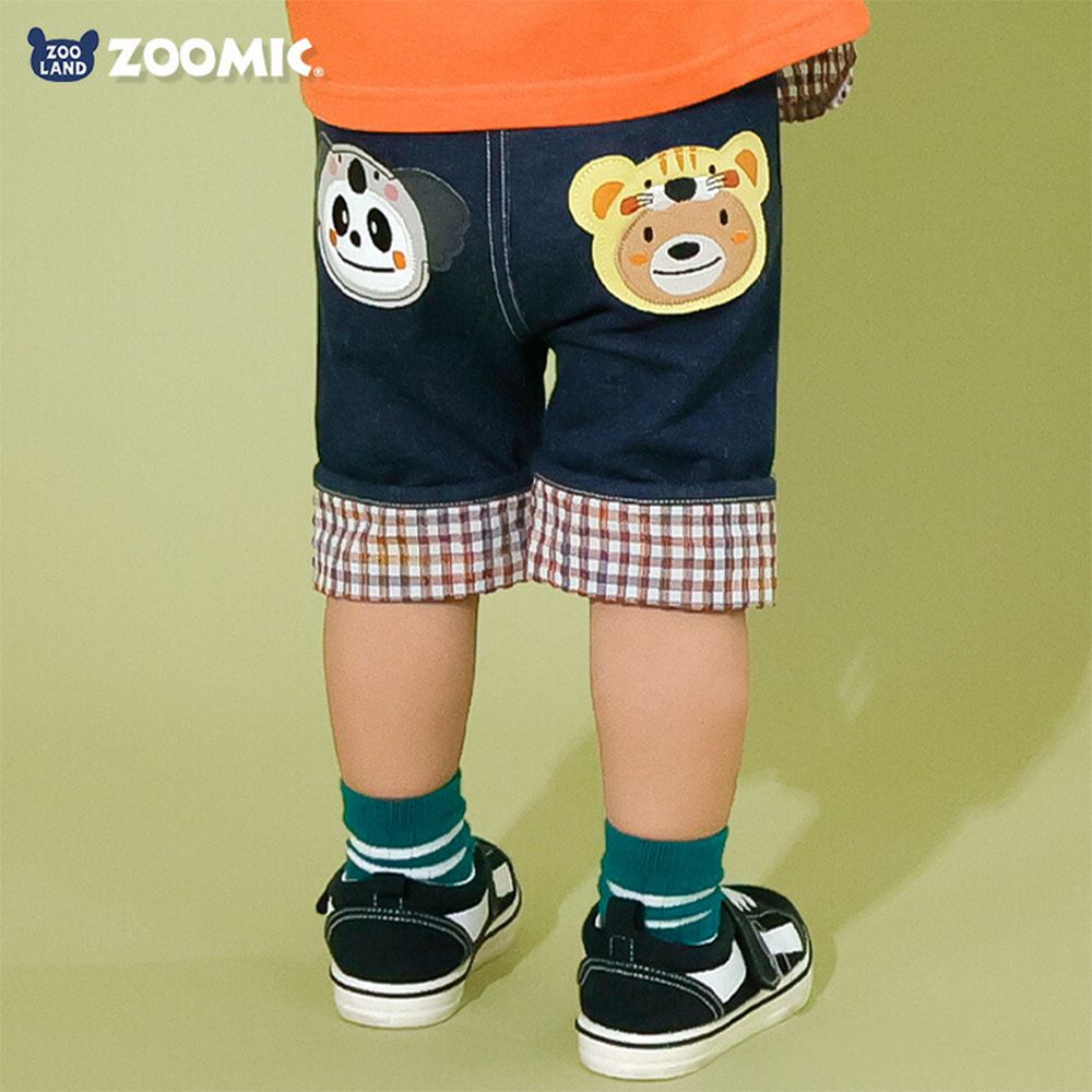 假面小熊可愛格子反摺五分褲-海軍藍