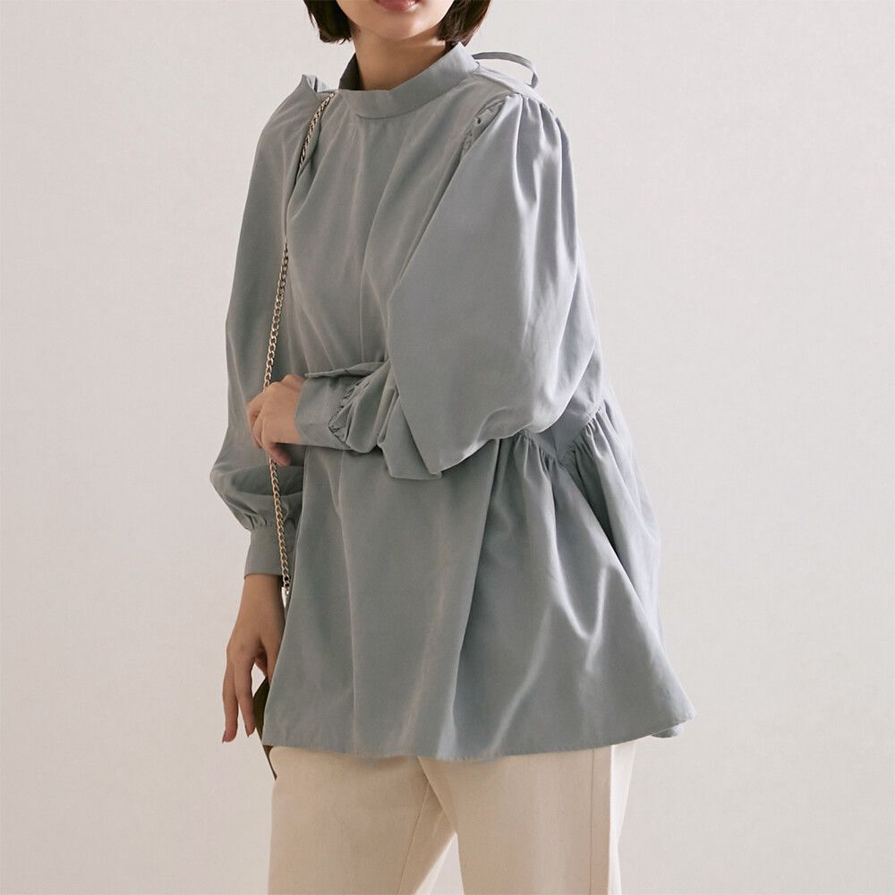 日本女裝代購 - 後蝴蝶結綁帶燈籠袖長袖上衣-灰藍 (M(Free size))