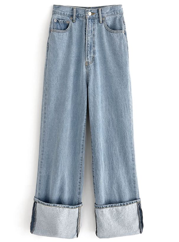 日本 GRL - 復古反折丹寧直筒褲-深藍