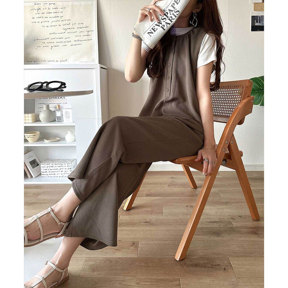 亨利領簡約風紋理連身褲-摩卡