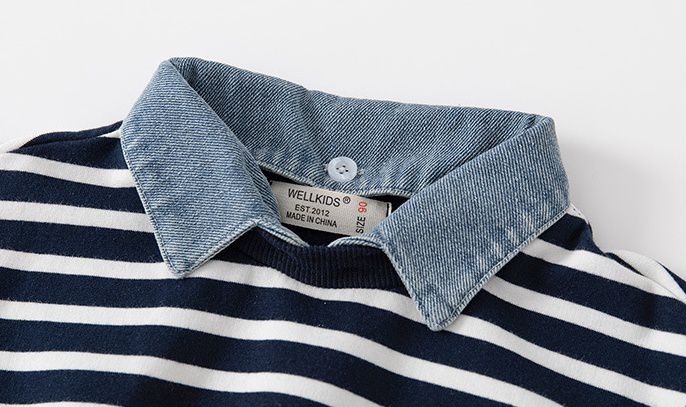 WELLKIDS - 時尚翻領假兩件長袖上衣/大學T-獅子+條紋-黑+白