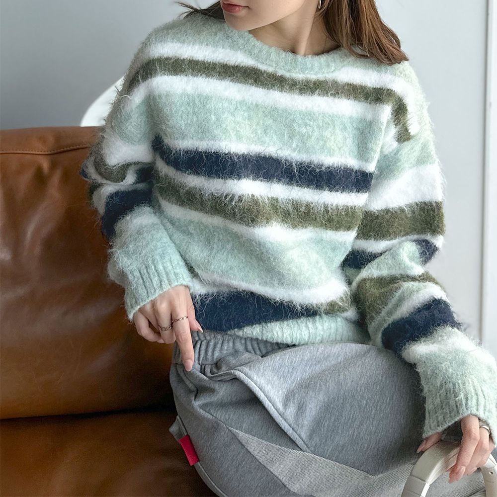 絢麗混色條紋毛海針織上衣-藍綠系