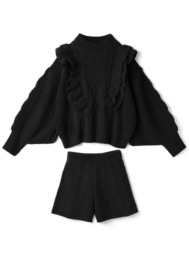 日本 GRL - 浪漫層次荷葉邊針織毛衣X針織短褲兩件組-摩卡