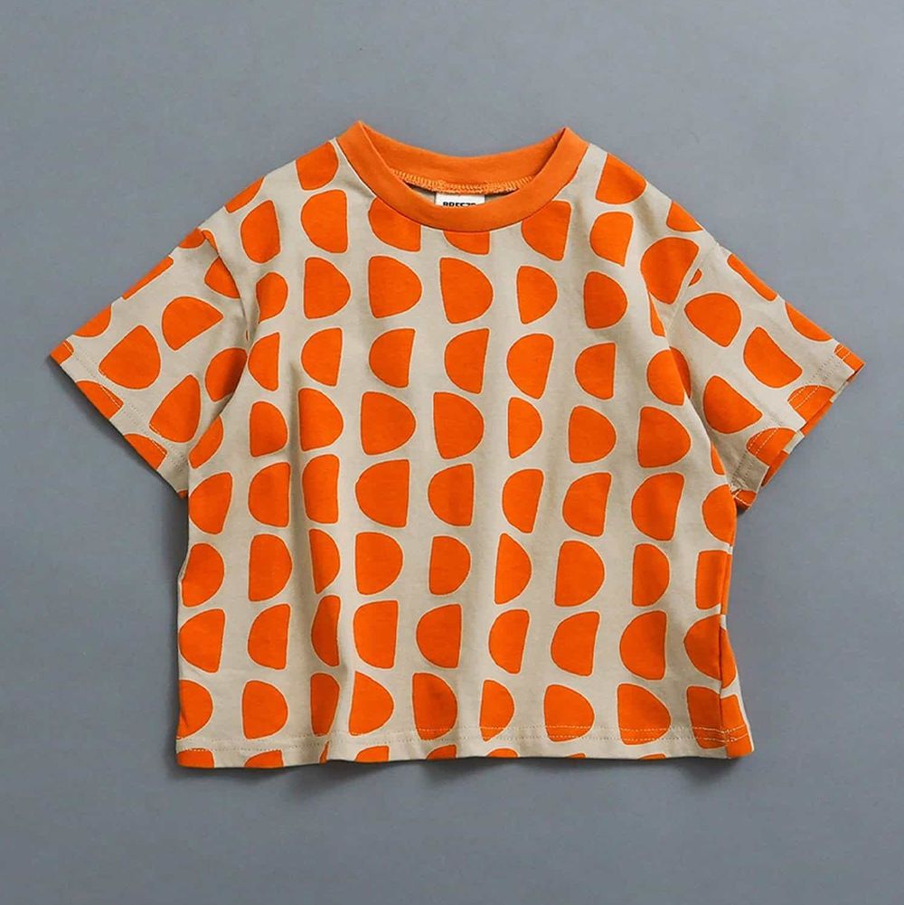 100%棉 活潑滿版短袖上衣-半圓-橘