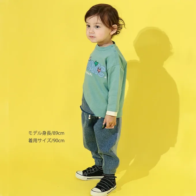 日本 ZOOLAND - 丹寧風小熊裏毛長袖上衣-品牌好朋友-海軍藍x黑