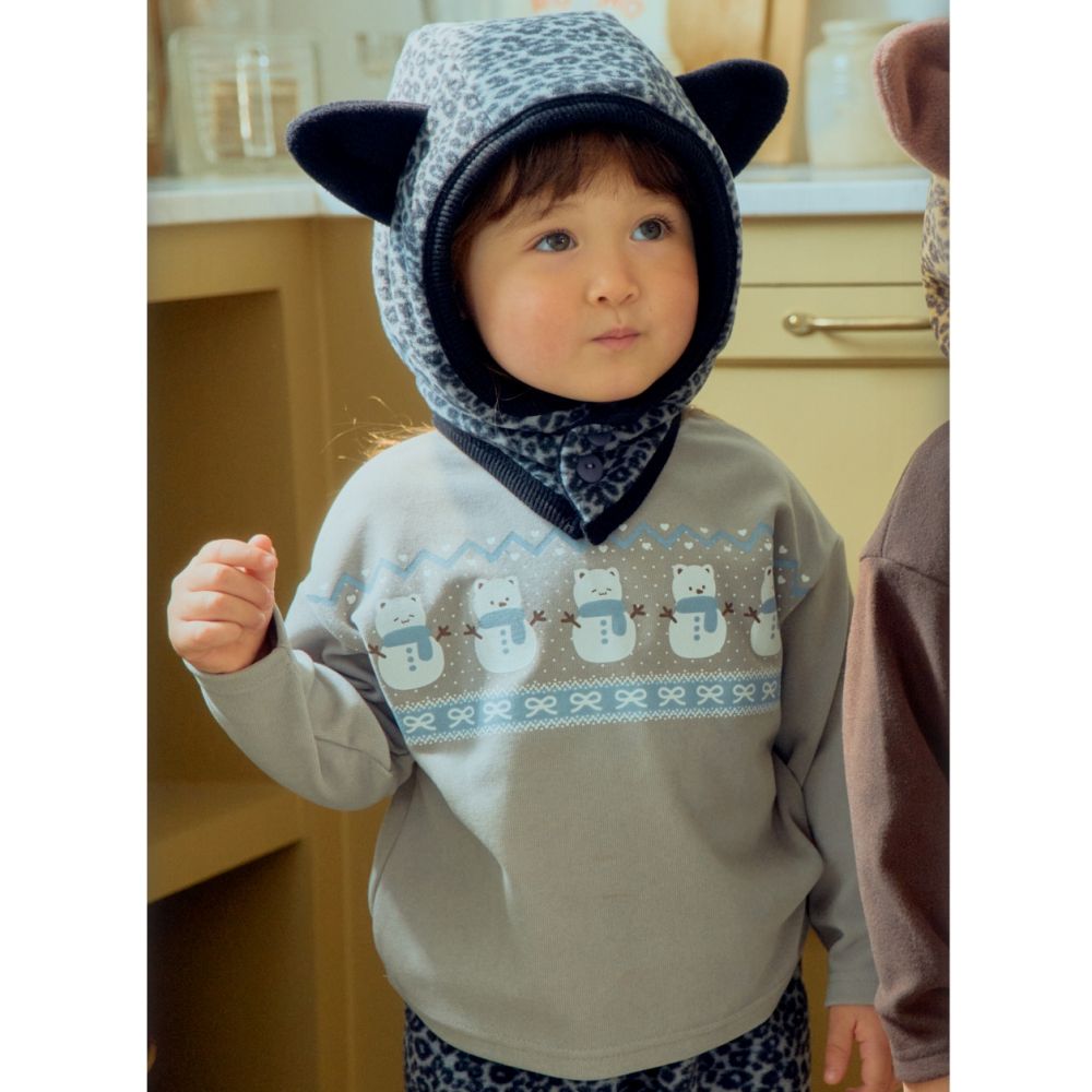 First Blue 可愛印花彈力中領長袖上衣-雪人熊-淺灰