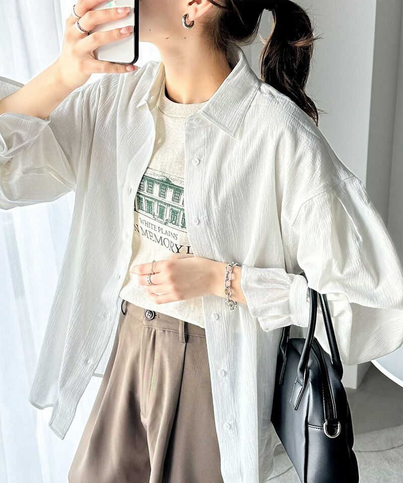 日本 Classical Elf - 氣質微透膚落肩寬袖襯衫-米白