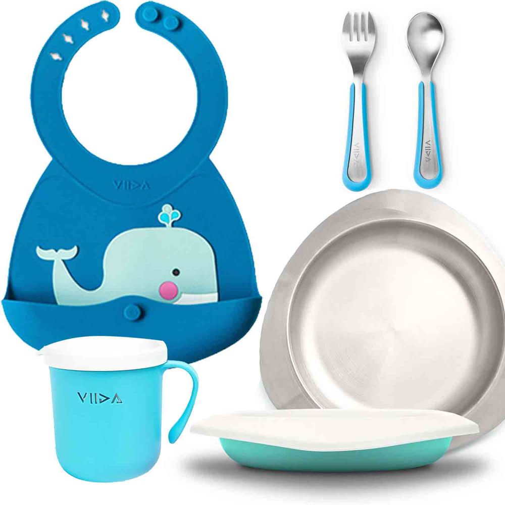 VIIDA - Soufflé抗菌不銹鋼餐盤 (藍) +Soufflé 抗菌不鏽鋼杯 (藍) +Soufflé抗菌不鏽鋼叉匙組 (藍) (2歲以上)+Joy便攜式矽膠圍兜 (迪倫鯨魚)