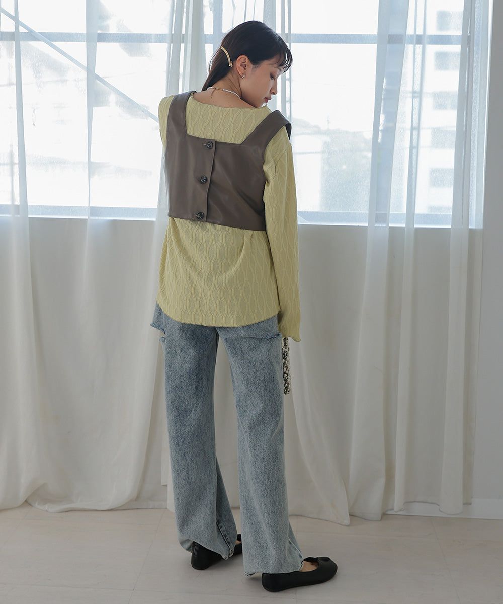 日本 Bab - 質感波紋薄長袖上衣-黑