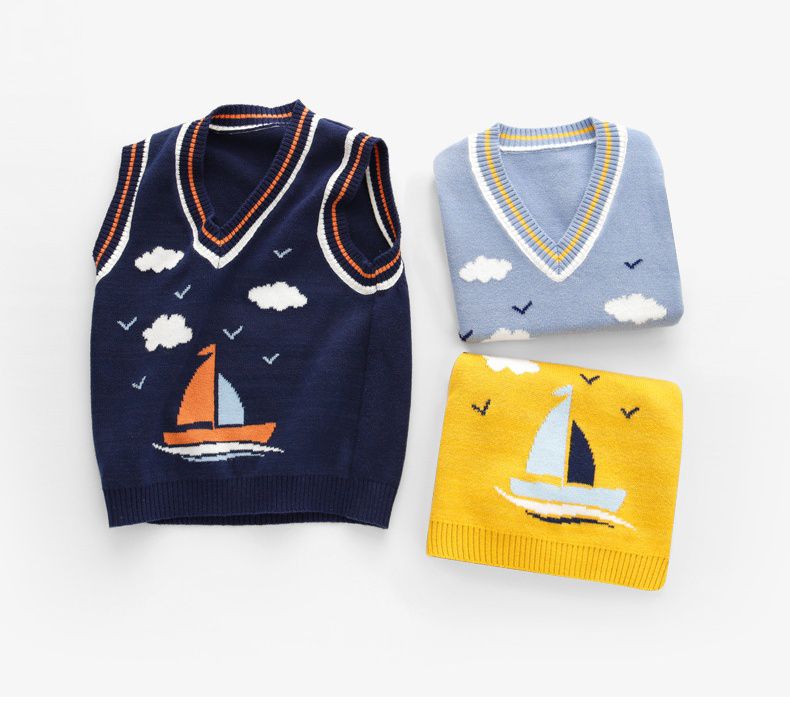 舒適V領提花針織背心-菱格-黃色