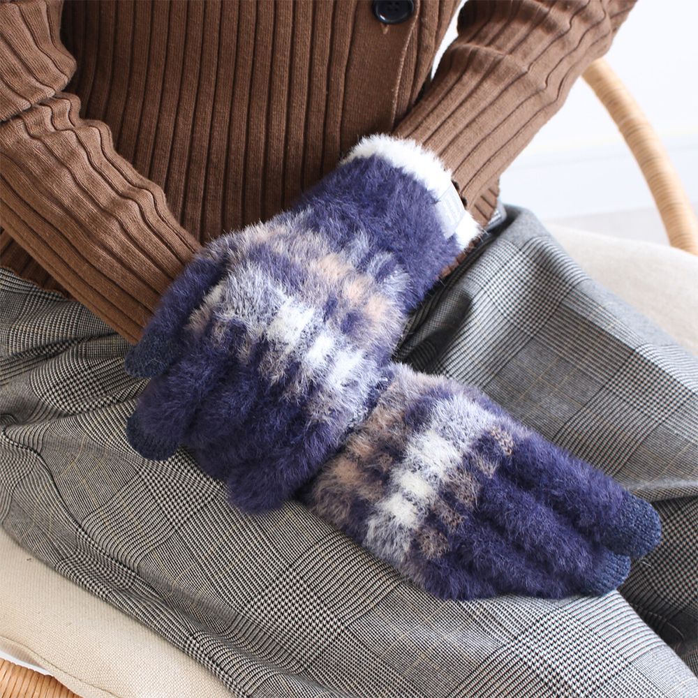 保濕加工 毛海感漸層色系手套(可觸控)-海軍藍