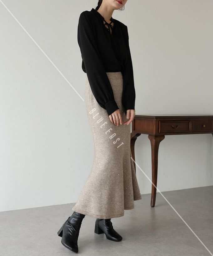 日本 BLUE EAST - 閃耀亮片針織美型魚尾裙-白