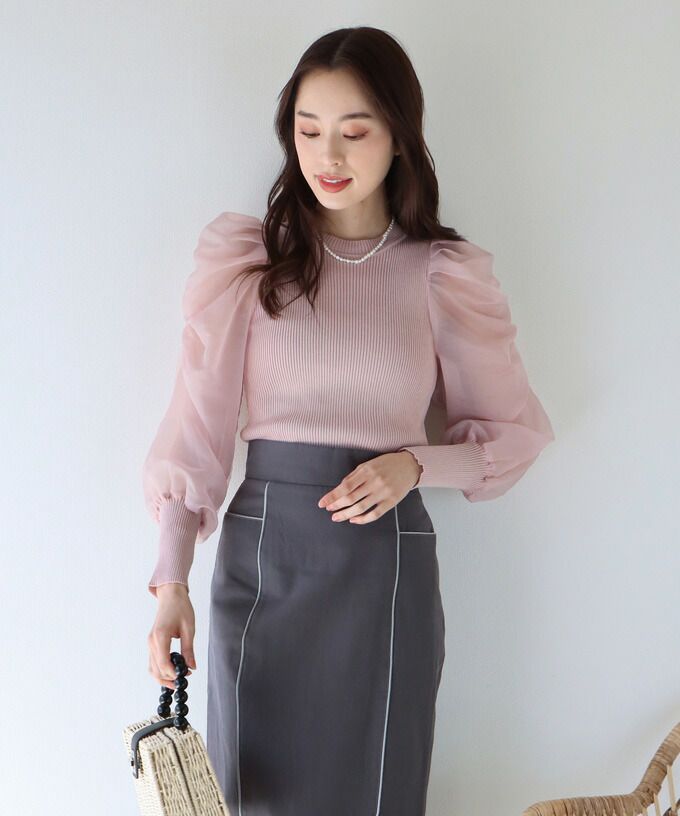 日本 BLUE EAST - 氣質薄紗抓皺長袖上衣-灰