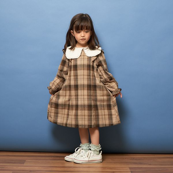 日本 Lycee mine - 法蘭絨浪漫細節長袖洋裝-卡其格紋