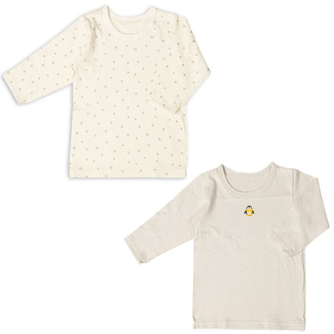 akachan honpo - 長袖圓領上衣2件組-蓬鬆棉 星星&企鵝-灰色