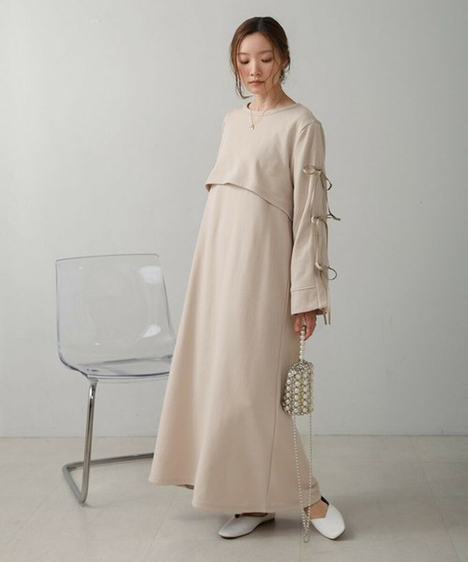 日本 Bab - 袖蝴蝶結層次感喇叭袖洋裝-象牙米