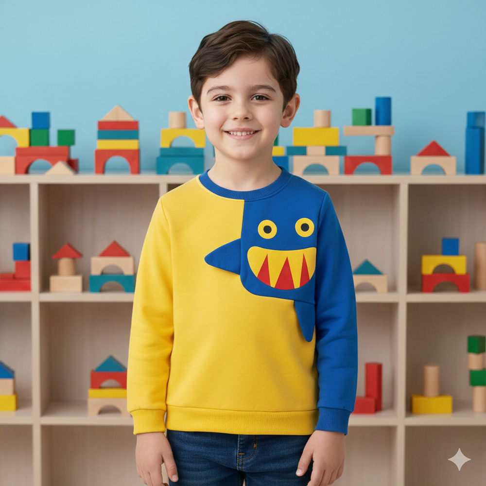 純棉立體造型長袖上衣/大學T-Q版鯊魚-拼色黃