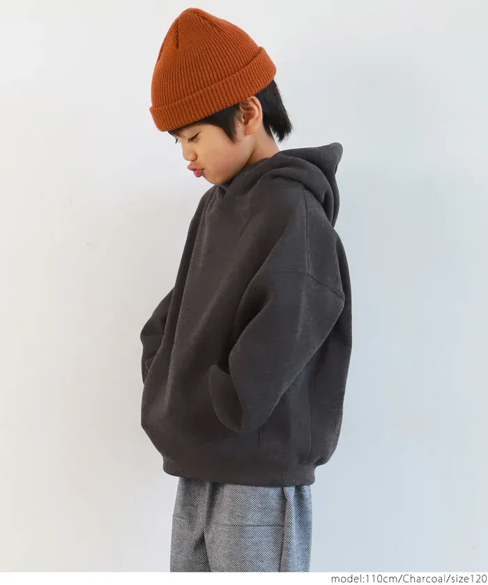 日本 COCA - fleece刷毛輕量寬鬆抽繩帽T-孩子-簡約黑