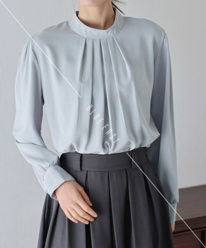 日本 BLUE EAST - 優雅摺線都會感小立領長袖上衣-黑