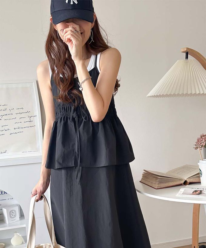 日本 Classical Elf - 假二件可愛皺摺荷葉吊帶洋裝-米白