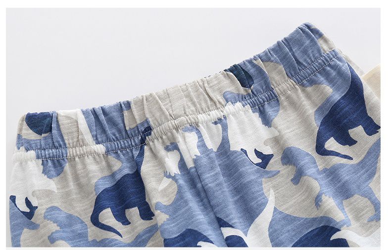 竹節棉束口長褲/防蚊褲-迷彩恐龍-藍+白