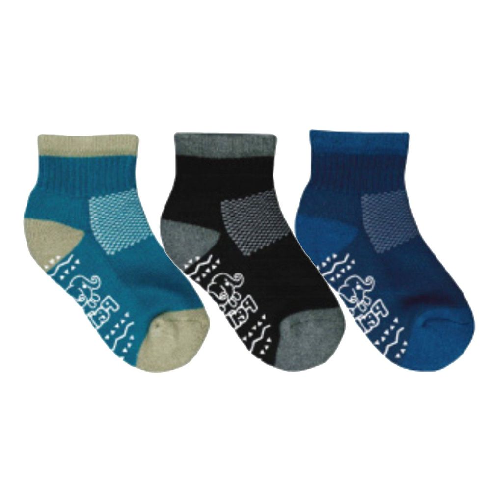 貝柔 Peilou - 貝寶兒童萊卡氣墊止滑短襪3入組-3色各1雙(黑/深藍/藍綠)