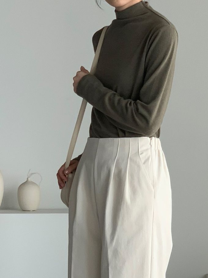 韓國女裝連線 - 百搭中領混羊毛長袖上衣-灰軍綠 (FREE)