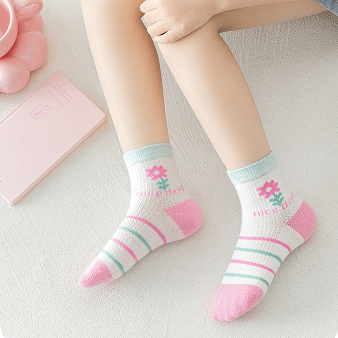 love, charlotte - 粉色小熊格子愛心網眼短筒棉襪-5 雙一組