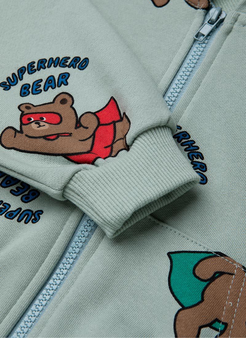 韓國 OZKIZ - 熊熊超人拉鍊連帽外套-灰綠