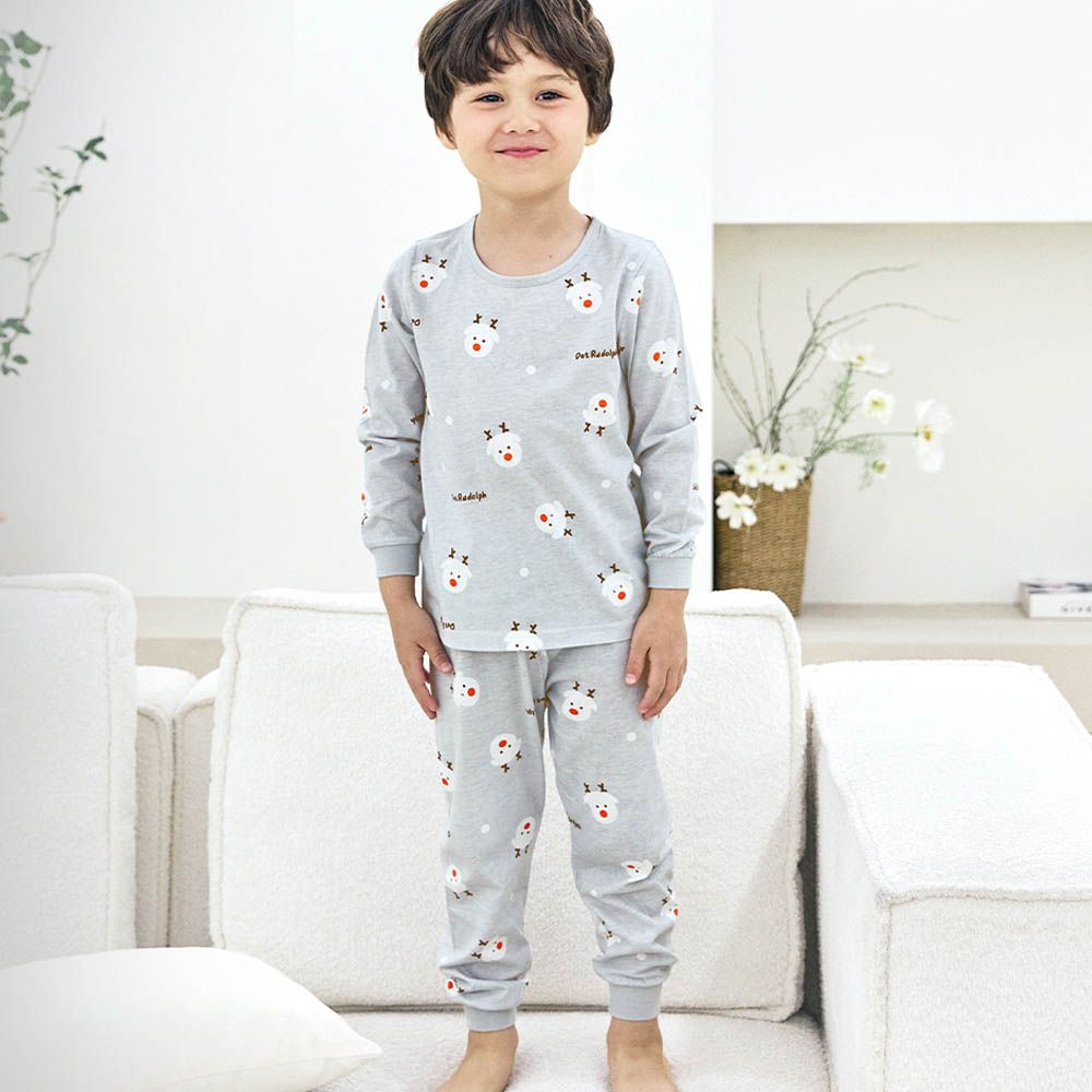 細緻柔棉薄長袖家居服-雪點馴鹿-淺灰