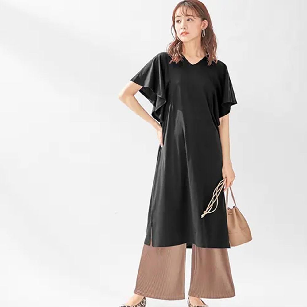 日本 BELLUNA - 防曬涼感 五機能波浪短袖洋裝-黑