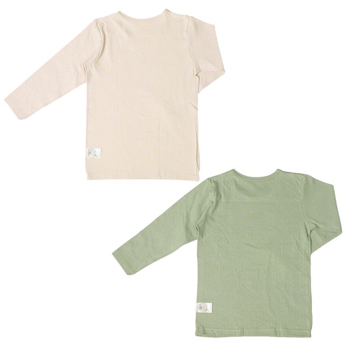 akachan honpo - 長袖圓領上衣2件組-蓬鬆棉 直升機&新幹線-綠色