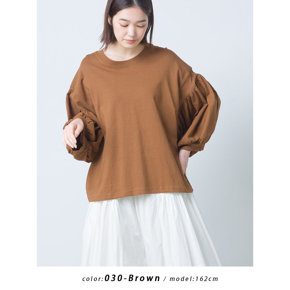 日本 OMNES - 棉麻涼爽休閒澎澎袖上衣-灰紫