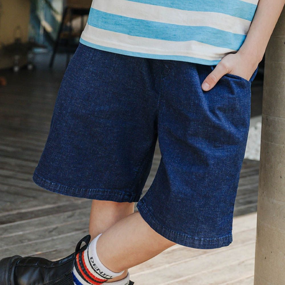 鬆緊腰經典丹寧過膝褲-中青