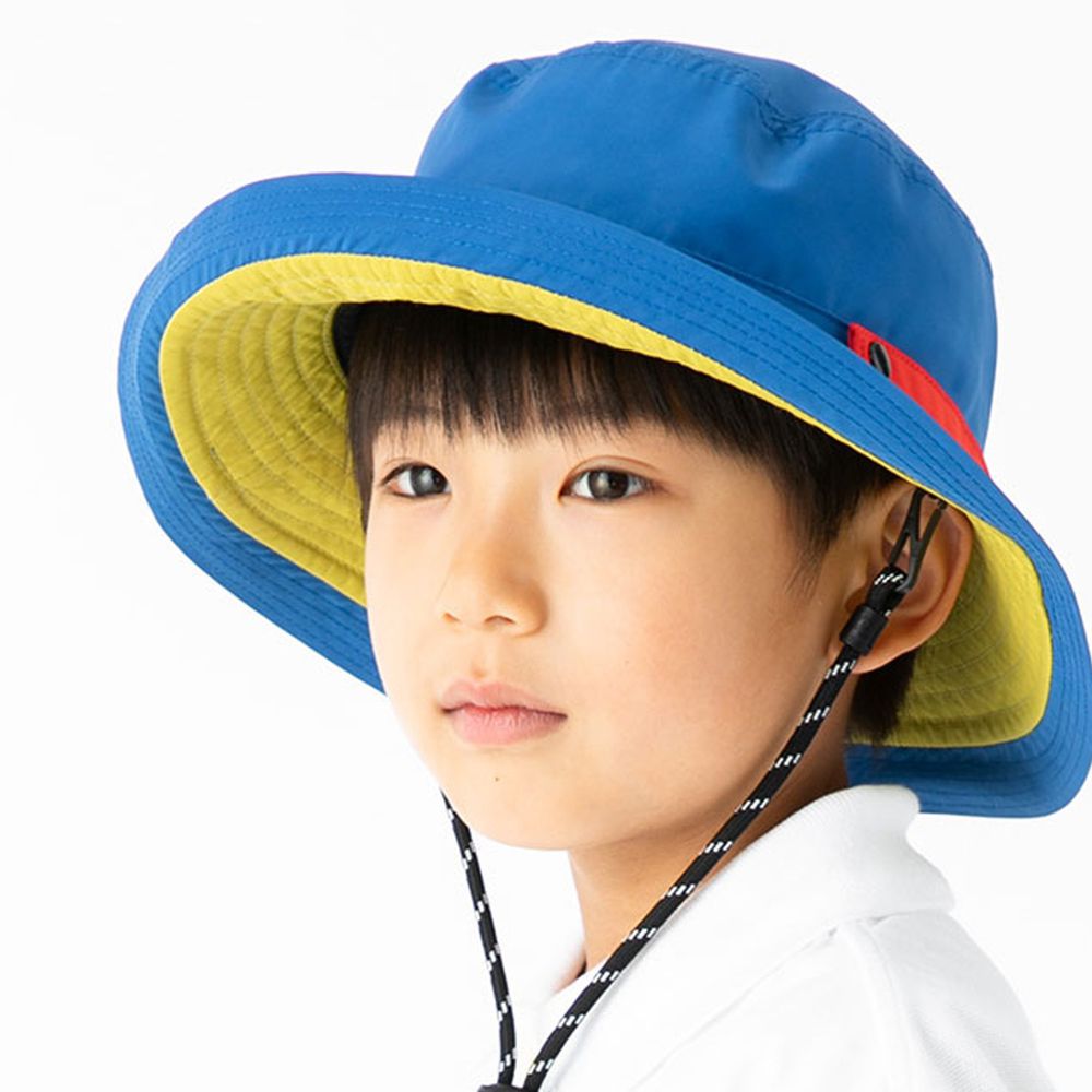 日本 irodori - 抗UV可捲收防潑水遮陽帽(附防風帽帶)-兒童款-藍x芥末內裏 (54cm)