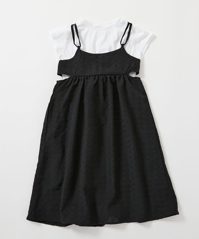 日本 devirock - 甜美緹花吊帶洋裝+圓領純棉T恤(2件組)-冰藍