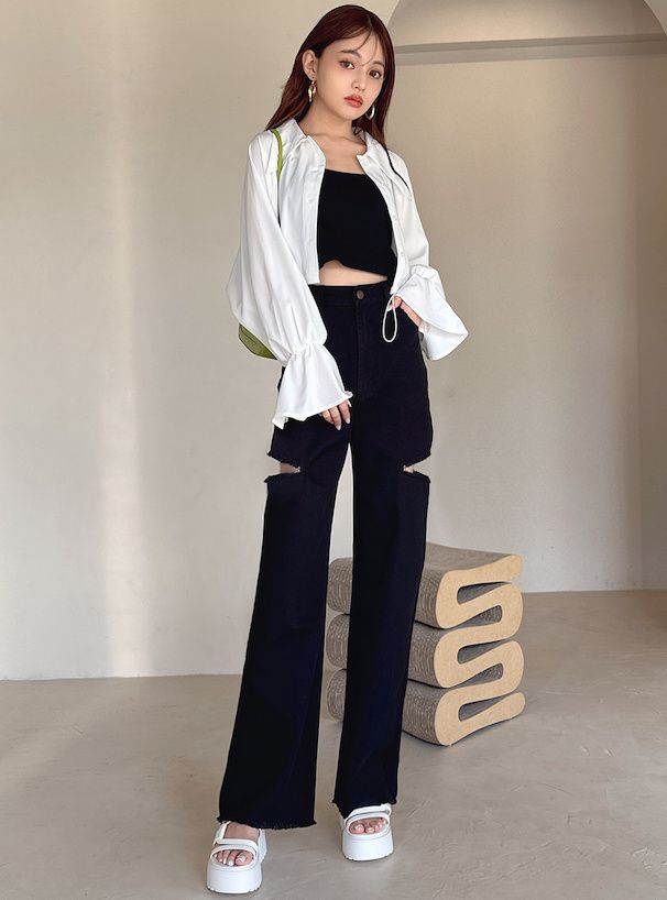 日本 GRL - 純棉厚磅美式抓破長褲-米白