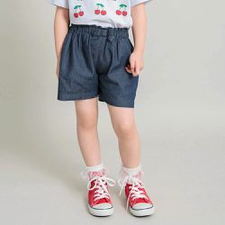日本 BRANSHES - 腰間蝴蝶結女孩短褲-霧藍