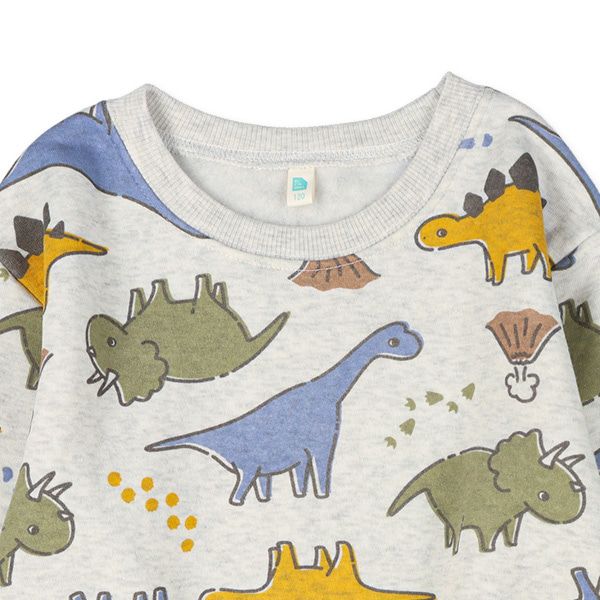 日本西松屋 - 刷毛圓領印花長袖上衣-可愛恐龍-米杏