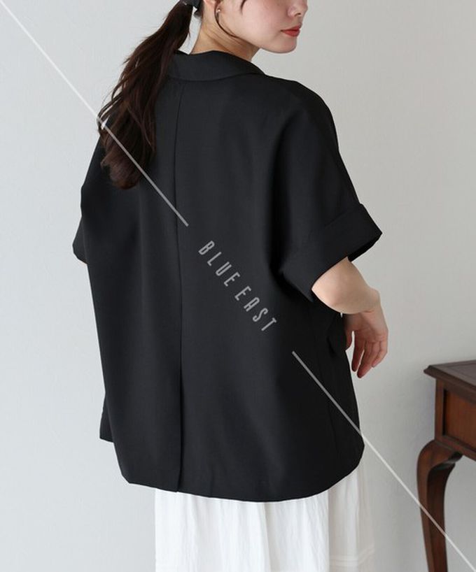 日本 BLUE EAST - 亞麻感氣質金釦短袖西裝外套-黑