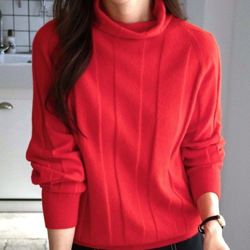 輕暖美麗諾羊毛坑條針織長袖高領上衣-橘紅 (FREE)